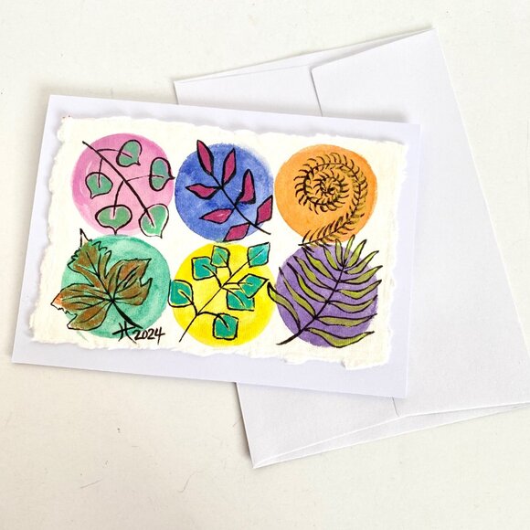 Shimmer Leaves Watercolor Ink Acrylic Art Handmade Original Blank Greeting Card - Picture 5 of 5